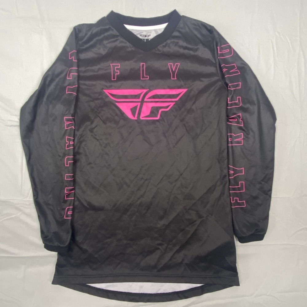 Fly Racing Motorsports Jersey Men Medium Black Pink Spellout Logo V Neck Outdoor